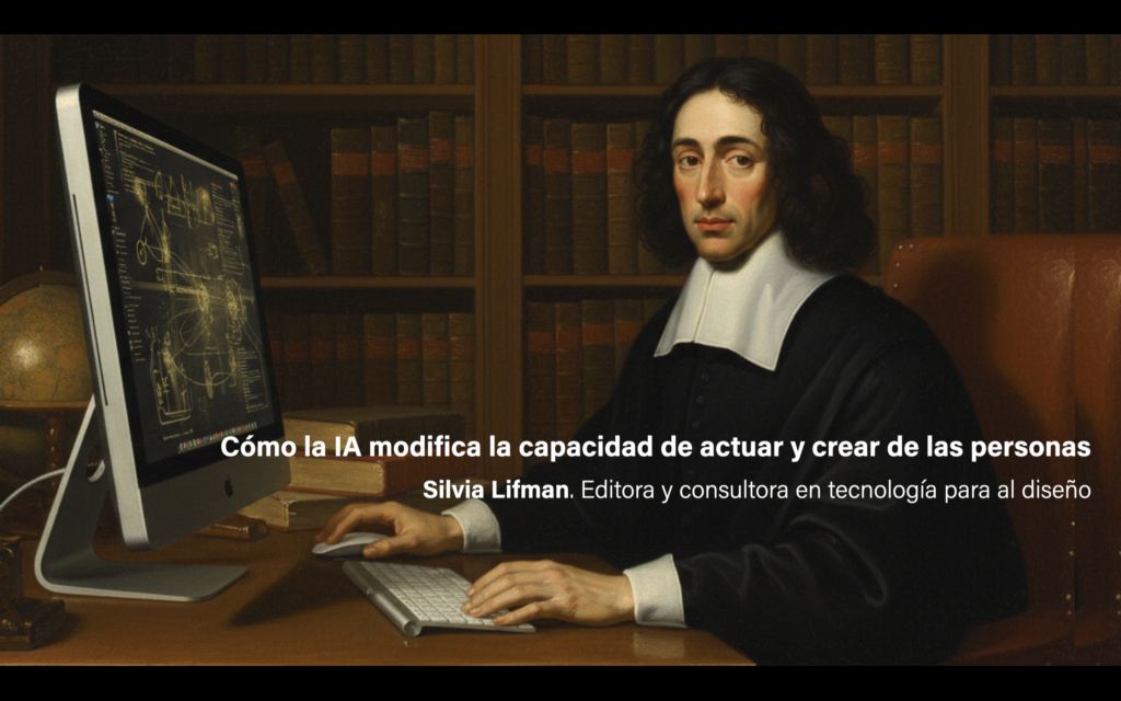 Imagen de Baruch Spinoza trabajando con su IMac
